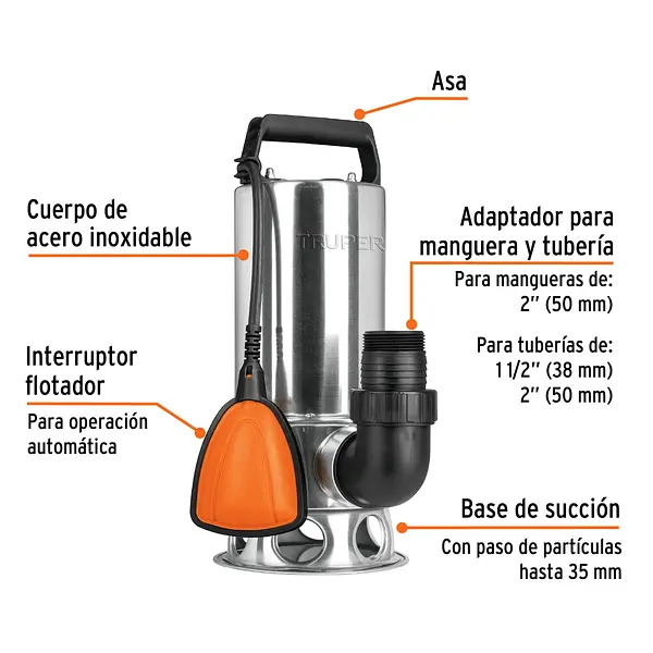 Bomba Sumergible Acero Inoxidable,Agua Sucia,1-1/2hp, Truper