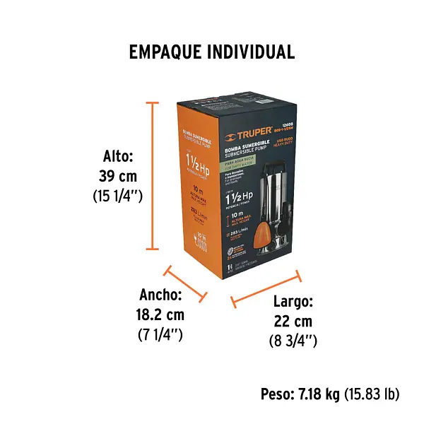 Bomba Sumergible Acero Inoxidable,Agua Sucia,1-1/2hp, Truper