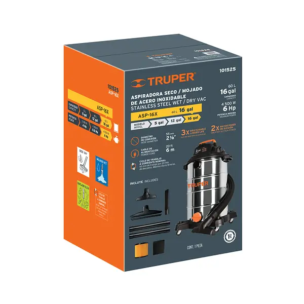 Aspiradora De Sólidos Y Líquidos, 16 Gal, Acero Inox, Truper