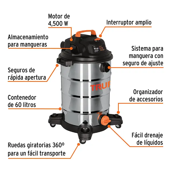 Aspiradora De Sólidos Y Líquidos, 16 Gal, Acero Inox, Truper