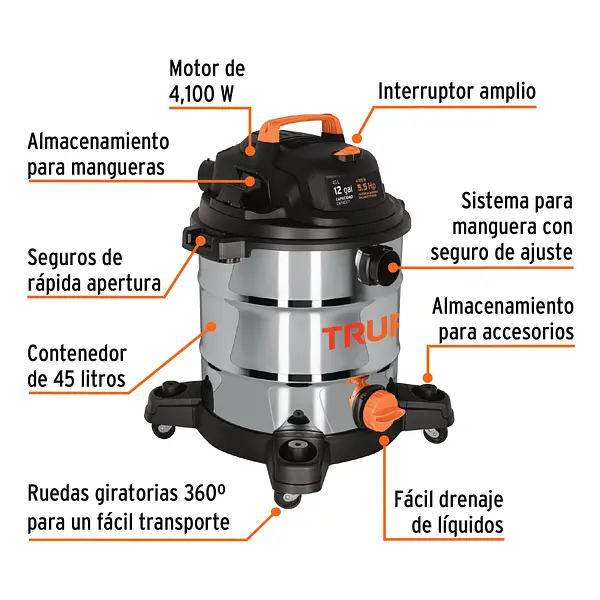 Aspiradora De Sólidos Y Líquidos, 12 Gal, Acero Inox, Truper