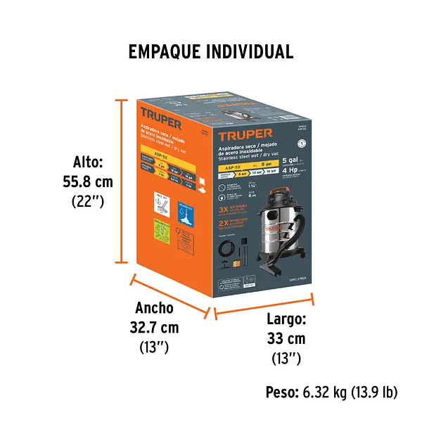 Aspiradora De Sólidos Y Líquidos, 5 Gal, Acero Inox, Truper
