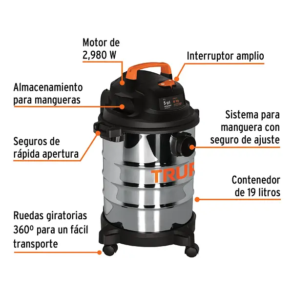 Aspiradora De Sólidos Y Líquidos, 5 Gal, Acero Inox, Truper