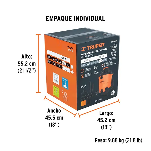 Aspiradora De Sólidos Y Líquidos, 12 Gal, Plástica, Truper