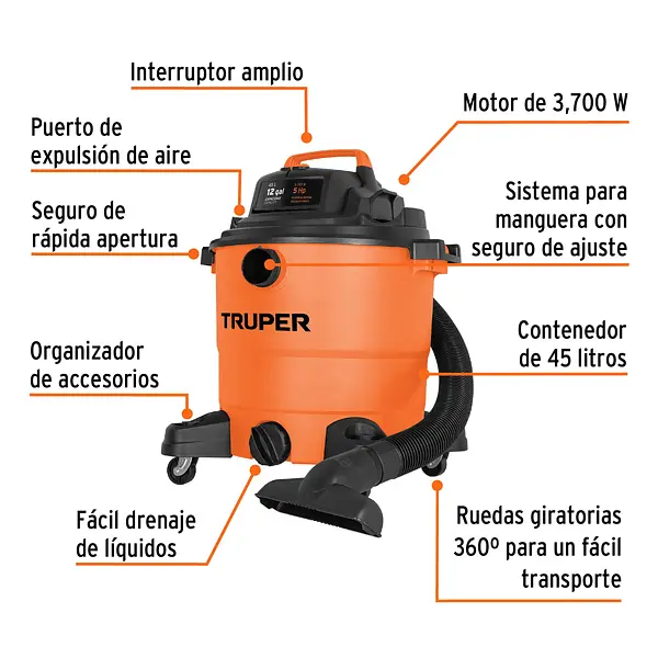 Aspiradora De Sólidos Y Líquidos, 12 Gal, Plástica, Truper