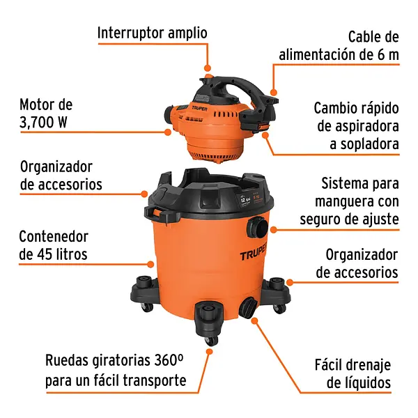Aspiradora Sólidos Y Líquidos, 12 Gal, Soplador Desmontable