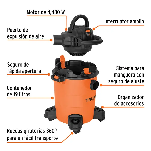Aspiradora Sólidos Y Líquidos, 5 Gal, Soplador Desmontable