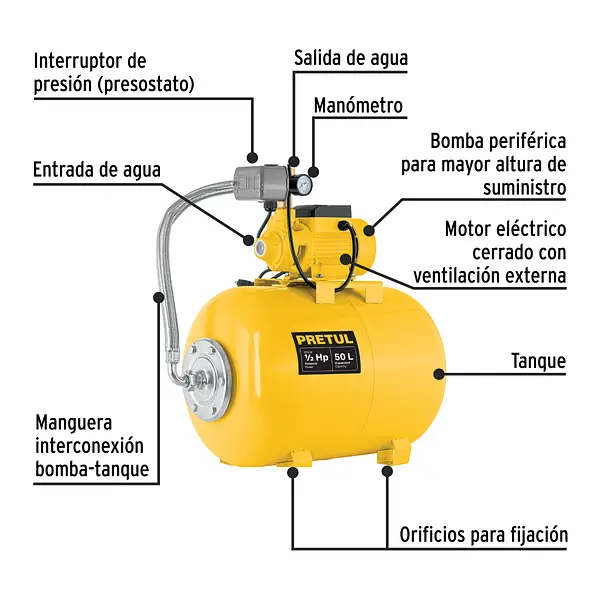 Equipo Hidroneumático 50l, Bomba Periférica 1/2 Hp, Pretul