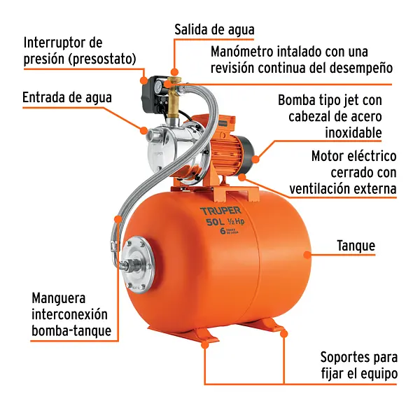 Equipo Hidroneumático 50l, Jet Inoxidable 1/2 Hp, Truper