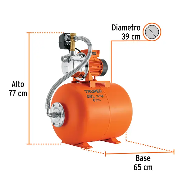 Equipo Hidroneumático 50l, Jet Inoxidable 1/2 Hp, Truper