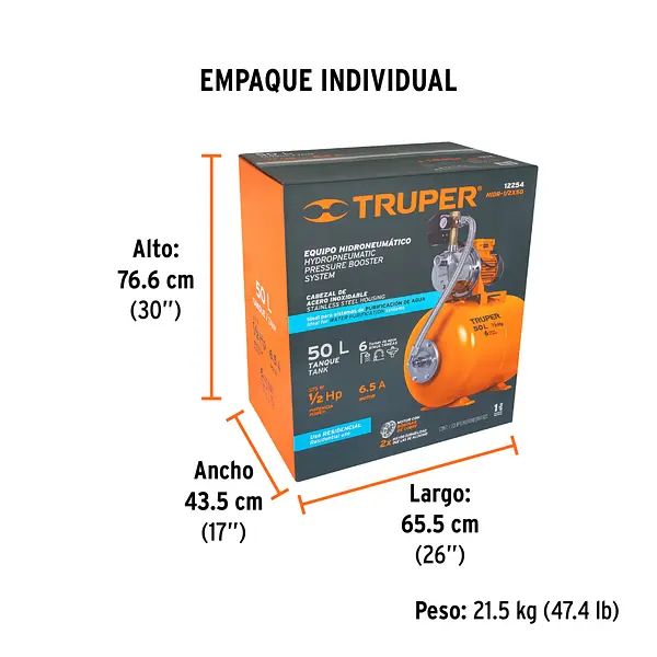 Equipo Hidroneumático 50l, Jet Inoxidable 1/2 Hp, Truper