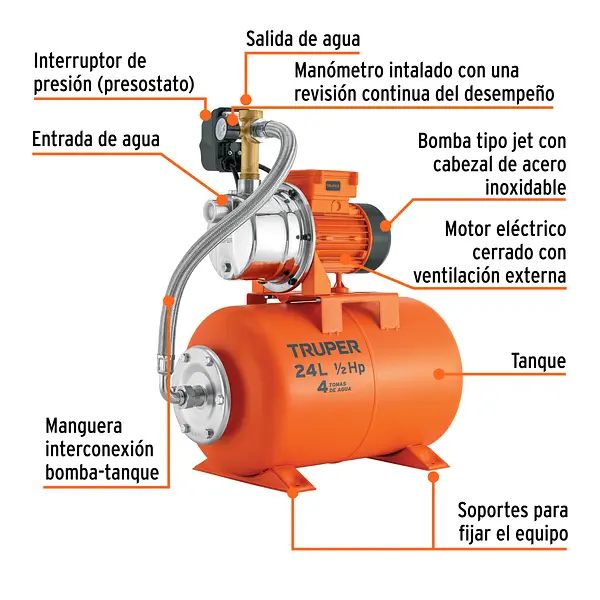 Equipo Hidroneumático 24l, Jet Inoxidable 1/2 Hp, Truper