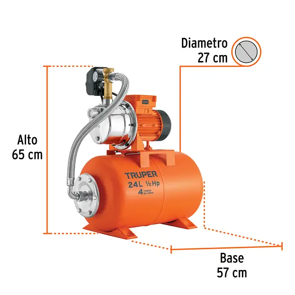 Equipo Hidroneumático 24l, Jet Inoxidable 1/2 Hp, Truper