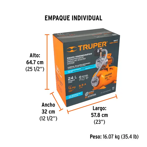 Equipo Hidroneumático 24l, Jet Inoxidable 1/2 Hp, Truper