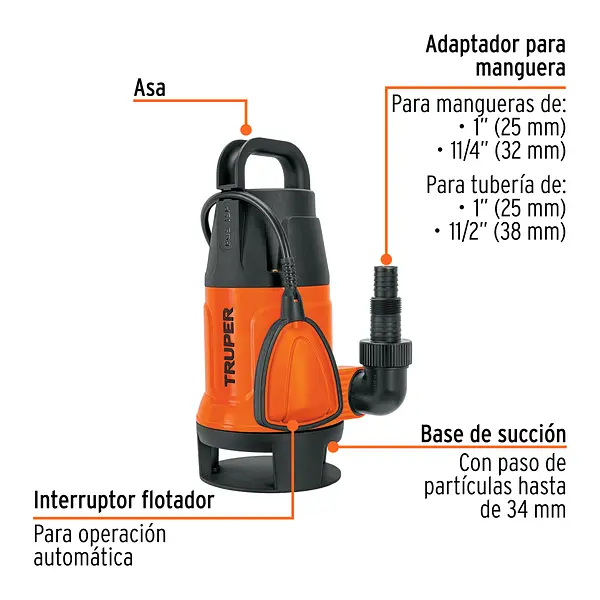 Bomba Sumergible Plástica, 1 Hp Para Agua Sucia, Truper