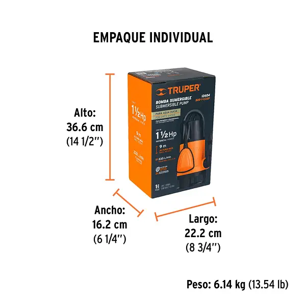 Bomba Sumergible Plástica, 1-1/2 Hp Para Agua Sucia, Truper