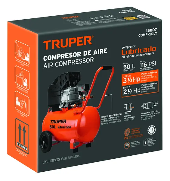 Compresor Lubricado, 50l, 3-1/2hp, Horizontal, 127v, Truper