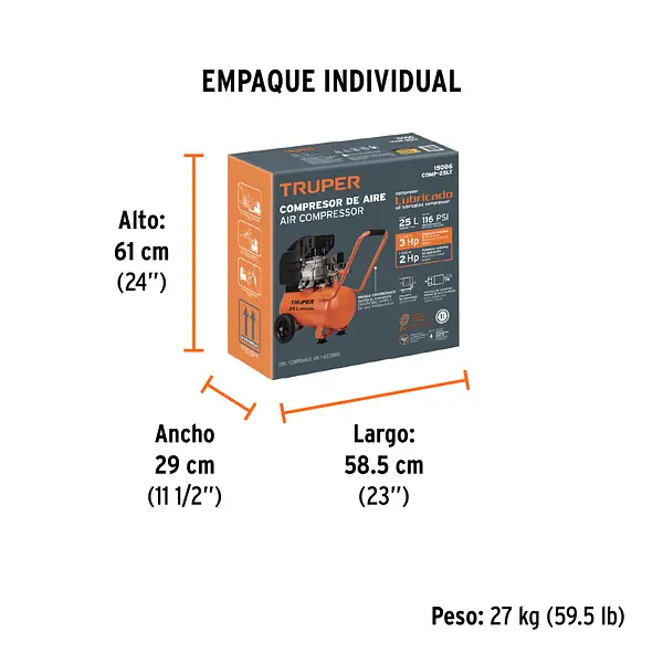 Compresor Lubricado, 25l, 3hp, Horizontal, 127v, Truper