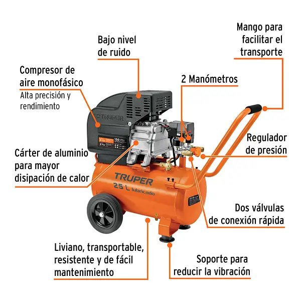 Compresor Lubricado, 25l, 3hp, Horizontal, 127v, Truper