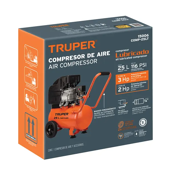 Compresor Lubricado, 25l, 3hp, Horizontal, 127v, Truper