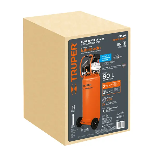 Compresor Lubricado, 80l, 3-1/2hp, Vertical, 127v, Truper