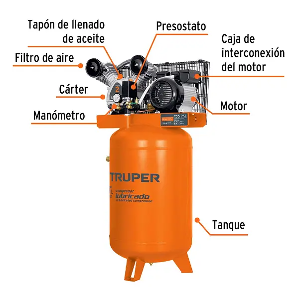 Compresor Lubricado, De Banda, 120l, 4hp, Vert, 220v, Truper