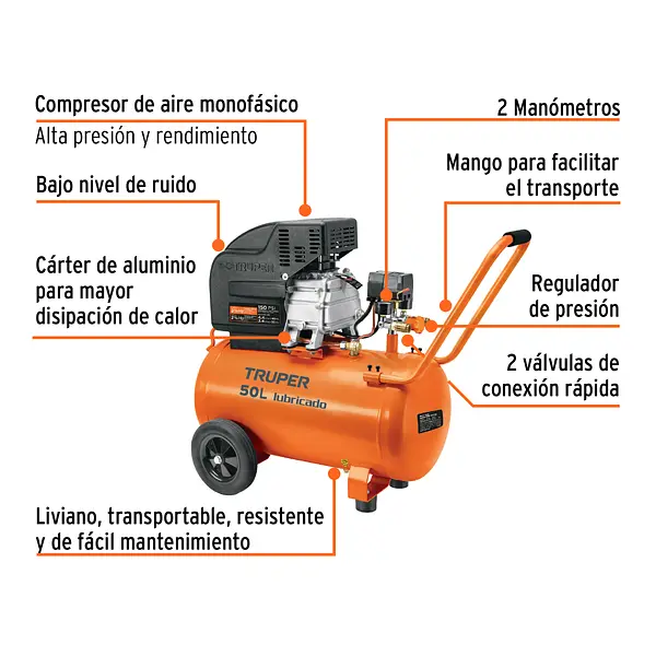 Kit Compresor Lub, 50l, Manguera Y Pistola Grav,127v, Truper