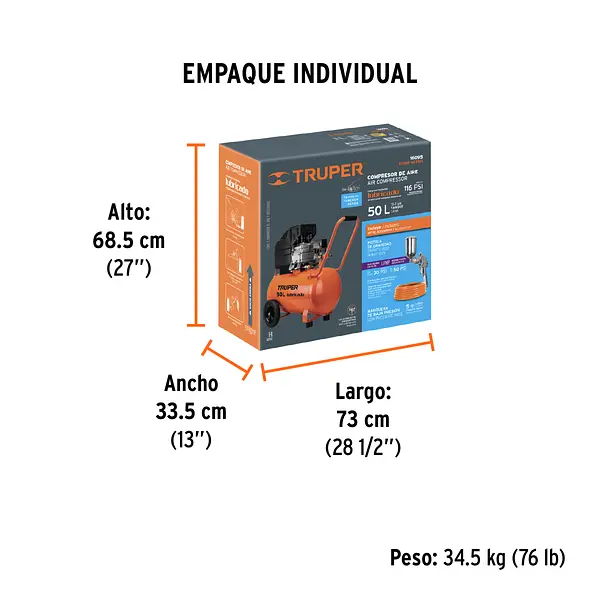 Kit Compresor Lub, 50l, Manguera Y Pistola Grav,127v, Truper