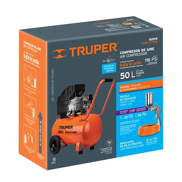 Kit Compresor Lub, 50l, Manguera Y Pistola Grav,127v, Truper