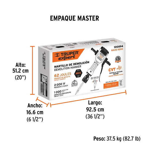 Martillo Demoledor Hex 30 Kg, 62j, 2000w, Truper Expert