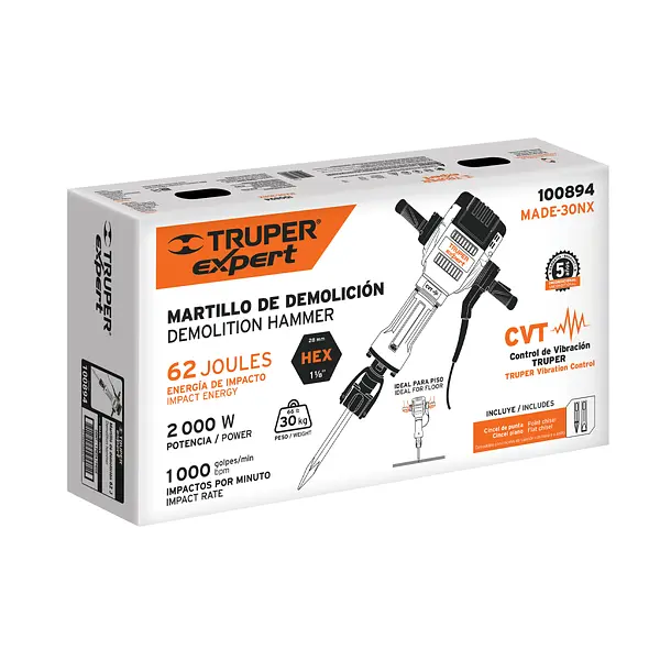 Martillo Demoledor Hex 30 Kg, 62j, 2000w, Truper Expert