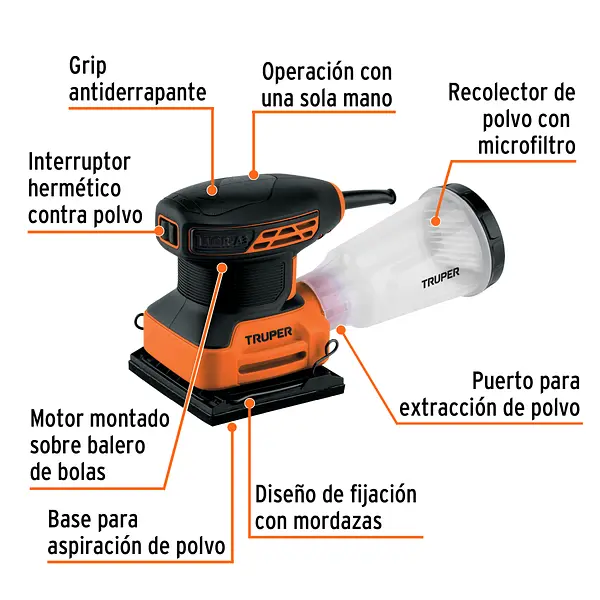 Lijadora Orbital 1/4 Hoja, 240w, Truper Pro