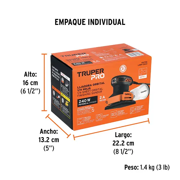 Lijadora Orbital 1/4 Hoja, 240w, Truper Pro