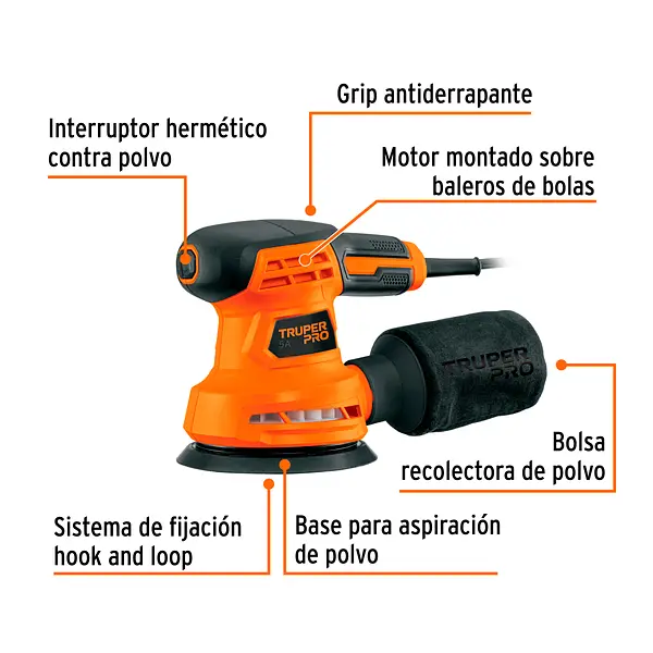Lijadora Roto Orbital 5", 260w, Truper Pro