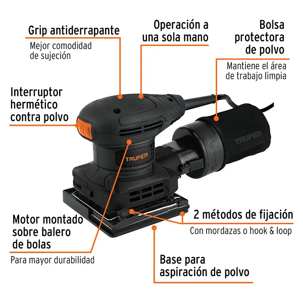 Lijadora Orbital 1/4 Hoja, 300w, Truper Industrial