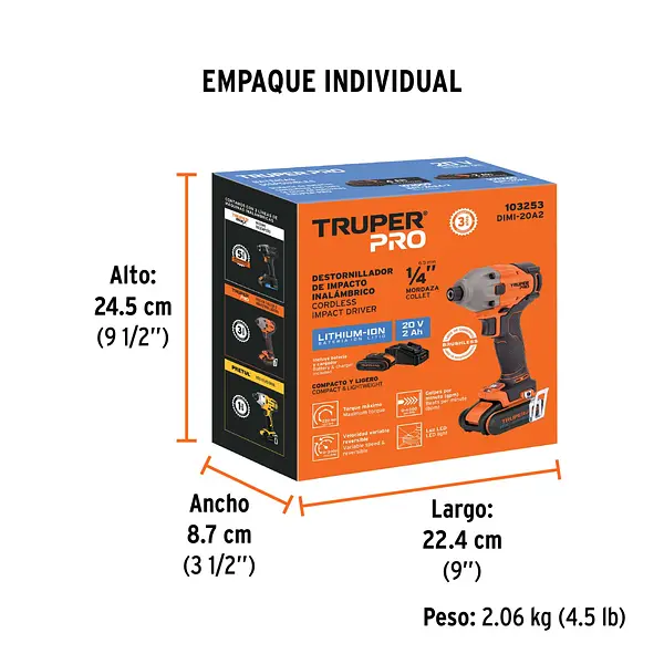 Destornillador De Impacto 1/4", 20v, 1 Batería 2ah, Pro